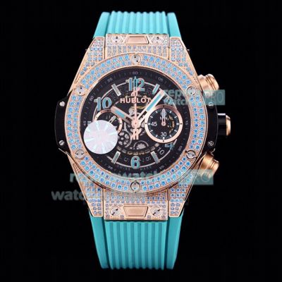 Swiss Replica Hublot Big Bang Unico Diamonds Watch Skeleton Dial Rose Gold